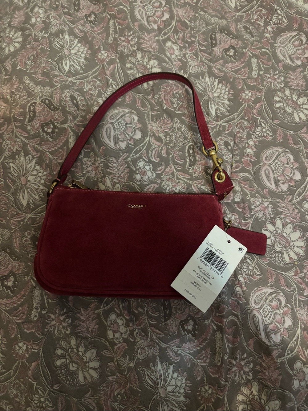 Coach Burgundy Suede Shoulder Bag with Gold Hardware